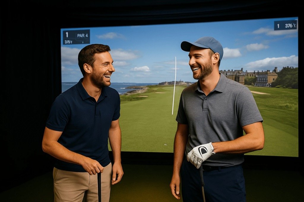 Zwei Golfer lachen gemeinsam vor der Simulator-Leinwand
