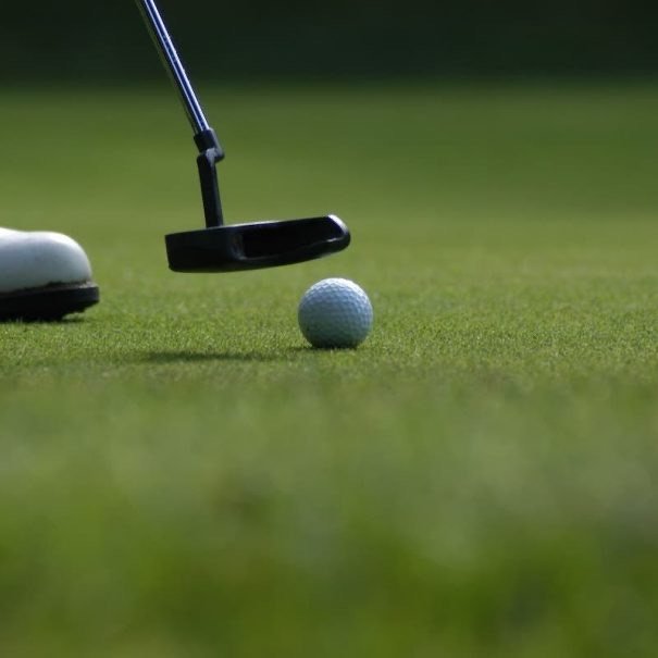 Putter kurz vor dem Golfball auf dem Grün