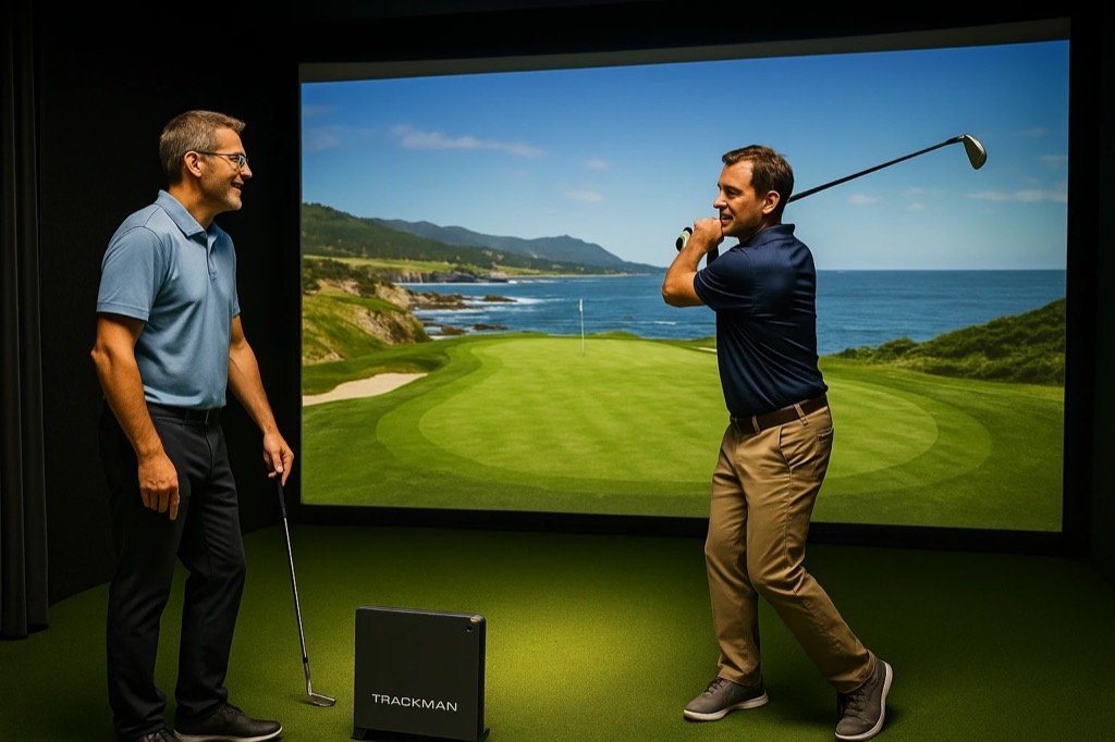 Golfer beim Schwung vor der Simulator-Leinwand, daneben ein Trainer